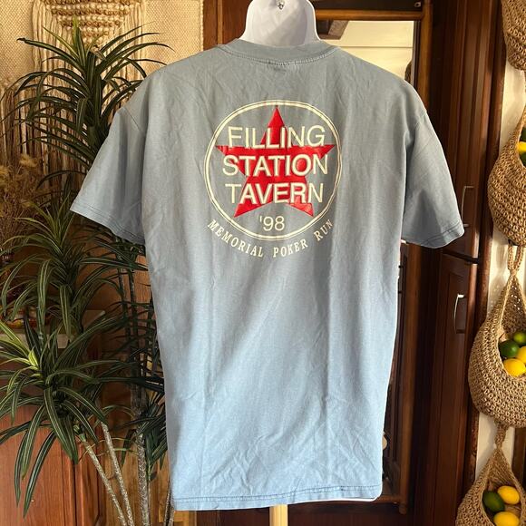 Vintage 90s Filling Station Tavern T-Shirt L 1998 Poker Run Blue Biker Beefy Tee - Picture 1 of 6